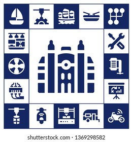 motor icon set. 17 filled motor icons.  Simple modern icons about  - Sailboat, 3d printer, Propeller, Monaco, 3d printing, Repair, Compressor, Dashboard, Scooter, Boat, Caravan
