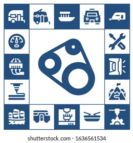 motor icon set. 17 filled motor icons.  Simple modern icons such as: Caravan, Dashboard, 3d printing, Timing belt, 3d printer, Repair, Ramp, Sailboat, Boat, Taxi