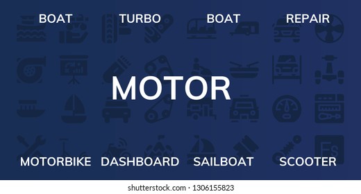 motor icon set. 32 filled motor icons. on blue background style Simple modern icons about  - Boat, Turbo, Repair, Motorbike, Dashboard, Sailboat, Scooter, Suspension, Electric razor