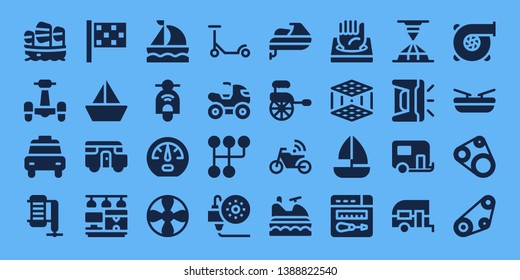 motor icon set. 32 filled motor icons. on blue background style Collection Of - Sailboat, Scooter, Taxi, Compressor, Finish flag, Caravan, 3d printer, Dashboard, Propeller, Quad
