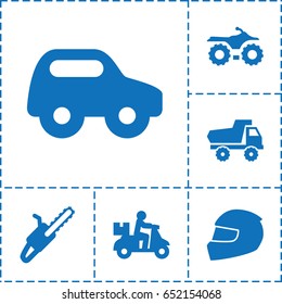 Motor icon. set of 6 motor filled icons such as toy car, chain saw, helmet, motorcycle