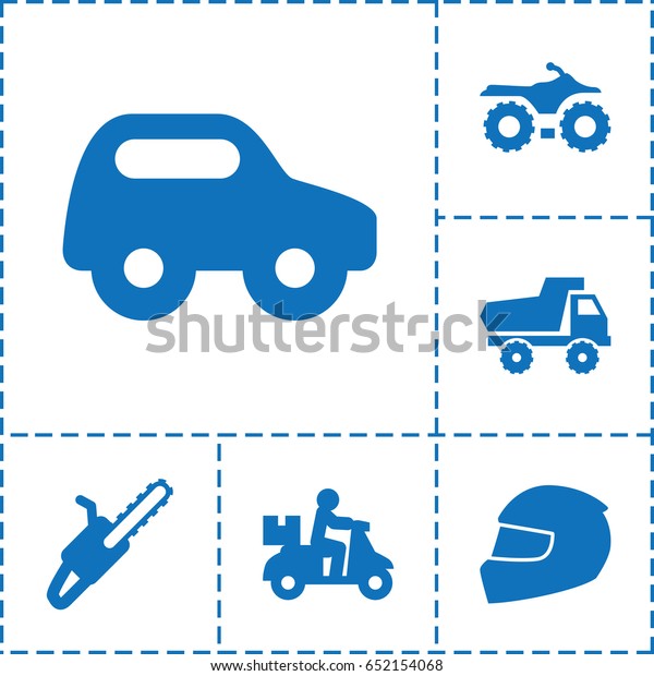 Motor icon. set of 6 motor filled\
icons such as toy car, chain saw, helmet,\
motorcycle
