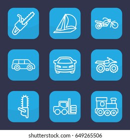 Motor icon. set of 9 outline motor icons such as forklift, train toy, car, chainsaw, chain saw, motorcycle