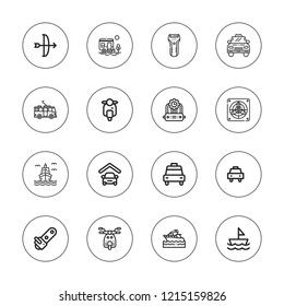 Motor icon set. collection of 16 outline motor icons with arc, boat, chainsaw, caravan, electric shaver, cooling system, garage, manifold, scooter, sailboat, vespa icons.