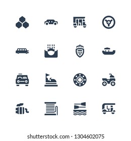 motor icon set. Collection of 16 filled motor icons included Tuk tuk, Boat, Filament, Exhaust pipe, Quad, Transport, Bumper car, Taxi, Monaco, Submerge, Limousine, Racing, Benzene