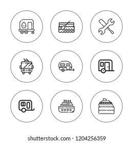 Motor icon set. collection of 9 outline motor icons with boat, caravan, repair, trailer, yatch icons. editable icons.