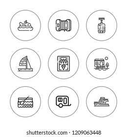 Motor icon set. collection of 9 outline motor icons with boat, caravan, dynamo, filament, ice cream machine, sailboat icons. editable icons.