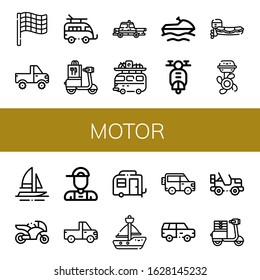 motor icon set. Collection of Race flag, Jeep, Caravan, Scooter, Taxi, Camper van, Jet ski, Motorboat, Boat engine, Boat, Motorcycle, Delivery boy, Pickup truck, Sailboat icons