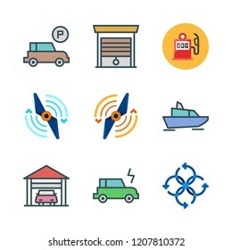 motor icon set. vector set about garage, parking, propeller and yatch icons set.