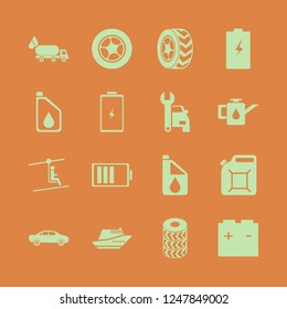 motor icon. motor vector icons set oil truck, man on cable car, battery and car wheel