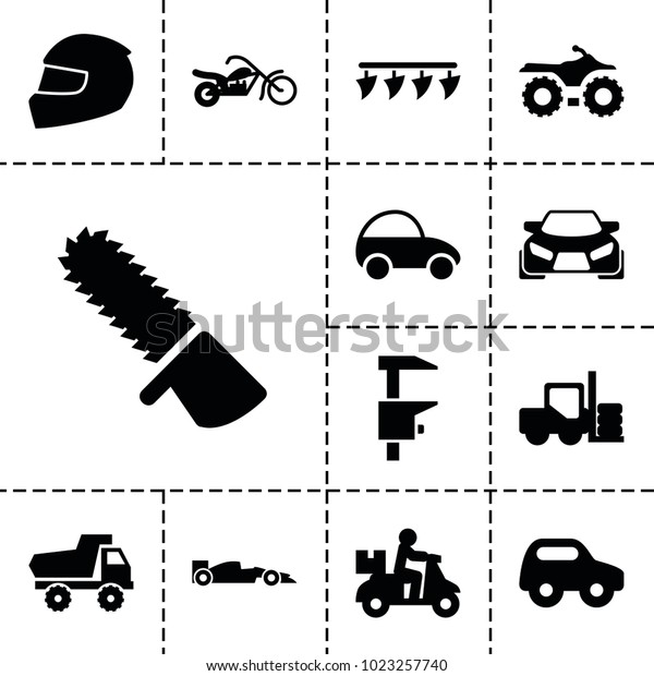 Motor icons. set of 13 editable filled motor\
icons such as forklift, toy car, delivery bike, motorcycle, helmet,\
sport car, car, chainsaw