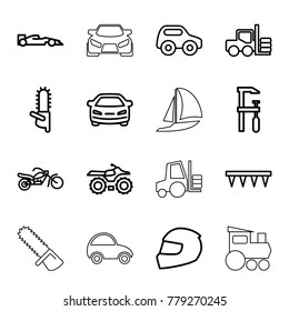 Motor icons. set of 16 editable outline motor icons such as forklift, toy car, car, chainsaw, motorcycle, plowing tool, helmet, sport car, train toy
