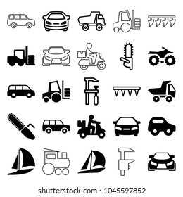 Motor icons. set of 25 editable filled and outline motor icons such as forklift, toy car, car, delivery bike, sailboat, motorcycle, chainsaw, plowing tool, train toy