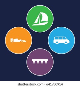 Motor icons set. set of 4 motor filled icons such as plowing tool, sport car, sailboat