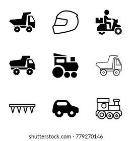 Motor icons. set of 9 editable filled and outline motor icons such as toy car, train toy, plowing tool, helmet