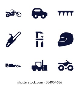 motor icons set. Set of 9 motor filled icons such as forklift, toy car, chainsaw, plowing tool, chain saw, helmet, sport car