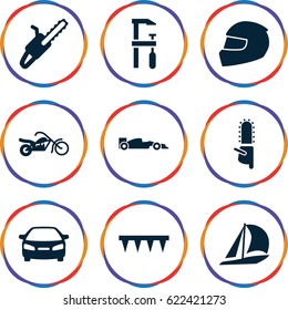 Motor icons set. set of 9 motor filled icons such as car, chainsaw, plowing tool, chain saw, helmet, sport car, motorcycle
