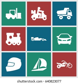 Motor icons set. set of 9 motor filled icons such as forklift, train toy, toy car, car, helmet, sport car, motorcycle, sailboat