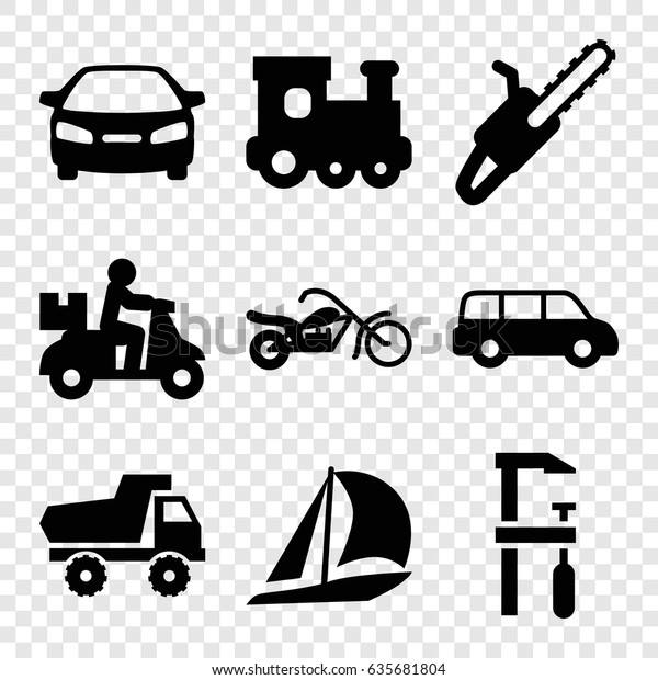 Motor\
icons set. set of 9 motor filled icons such as train toy, toy car,\
car, chainsaw, chain saw, motorcycle,\
sailboat