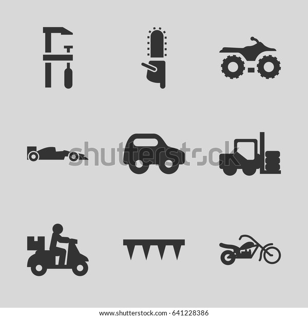 Motor icons\
set. set of 9 motor filled icons such as forklift, toy car,\
chainsaw, plowing tool, sport car,\
motorcycle