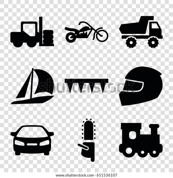 Motor icons set. set of 9 motor filled icons\
such as forklift, train toy, toy car, car, chainsaw, plowing tool,\
helmet, motorcycle
