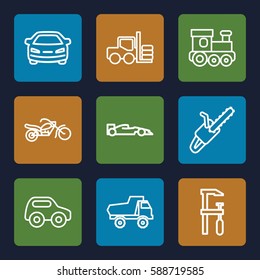 motor icons set. Set of 9 motor outline icons such as forklift, toy car, train, chainsaw, motorcycle