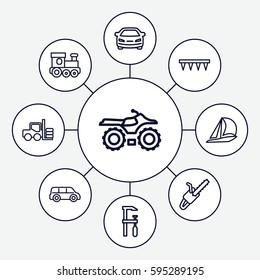 motor icons set. Set of 9 motor outline icons such as forklift, train toy, car, chainsaw, plowing tool, chain saw, sailboat