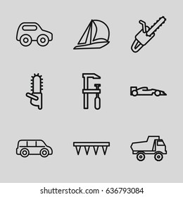 Motor icons set. set of 9 motor outline icons such as toy car, chainsaw, plowing tool, chain saw, sport car, car