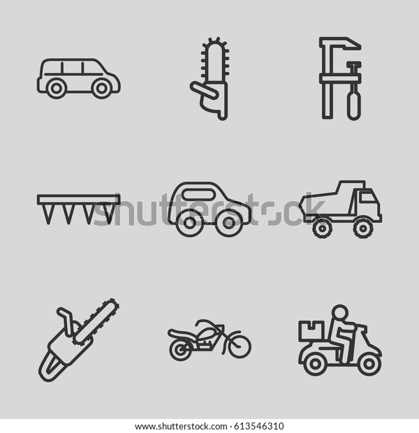 Motor\
icons set. set of 9 motor outline icons such as toy car, chainsaw,\
plowing tool, chain saw, motorcycle, delivery\
bike