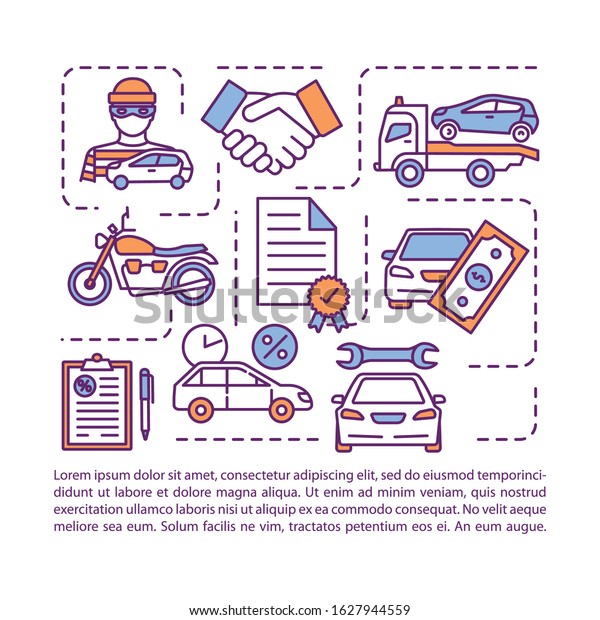 Motor
insurance concept icon with text. Repair car damage from collision.
Auto theft coverage. PPT page vector template. Brochure, magazine,
booklet design element with linear
illustrations