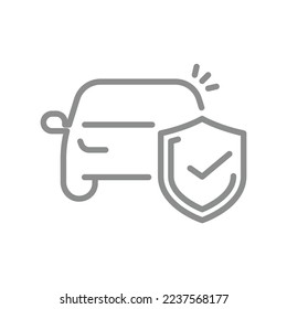 Motor insurance line vector icon. Car and shield with checkmark outlined symbol.