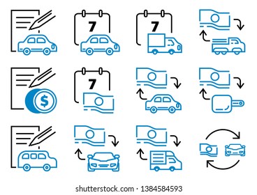 motor leasing line icon set with contact sheet,car,truck,van,banknote,contact sheet and pen vector illustration