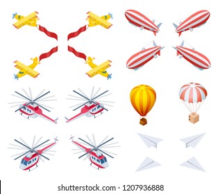 Motor and Lighter than Air Aircraft Isometric Vector Icons Set Isolated on White Background. Airplane with Banner, Air Balloon, Dirigible, Helicopter, Box on Parachute, Paper Plane 3d Illustrations