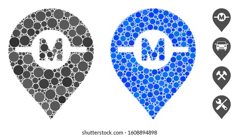 Motor marker composition of circle elements in variable sizes and color hues, based on motor marker icon. Vector round elements are composed into blue composition.