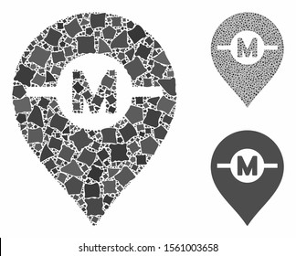 Motor marker composition of ragged elements in variable sizes and color tints, based on motor marker icon. Vector rugged parts are grouped into collage. Motor marker icons collage with dotted pattern.