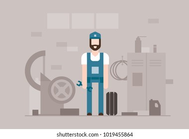 Motor mechanic at work - modern flat design style illustration on grey background. Smiling cheerful cartoon character standing in an overall with a screw key. Silhouette of an auto repair shop behind