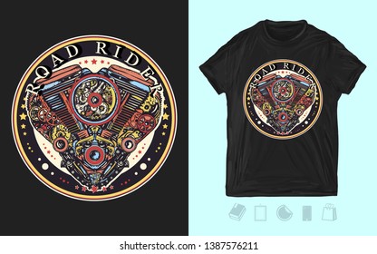 Motor mechanical heart. Road rider slogan. Steampunk engine art. Print for t-shirts and another, trendy apparel design 