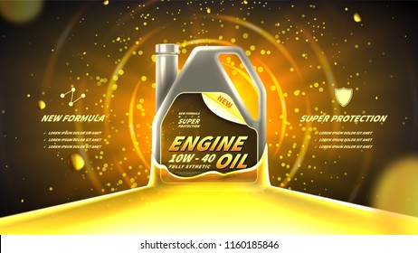 Motor oil advertisement background. Vector illustration with realistic canister and engine oil on bright background. 3d ads template.