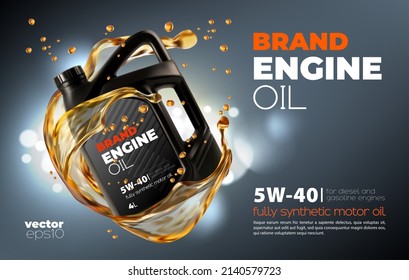 Motor oil bottle with splash and drops, car engine synthetic or mineral oil change service vector poster. Motor oil lubricant for diesel or gasoline auto engines with 3d wave splash flow of oil - Shutterstock ID 2140579723