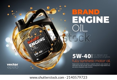Motor oil bottle with splash and drops, car engine synthetic or mineral oil change service vector poster. Motor oil lubricant for diesel or gasoline auto engines with 3d wave splash flow of oil Foto stock © 