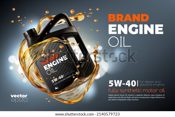 Motor oil bottle with splash and drops, car engine\
synthetic or mineral oil change service vector poster. Motor oil\
lubricant for diesel or gasoline auto engines with 3d wave splash\
flow of oil