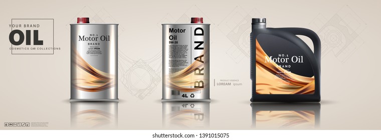 Motor oil canisters and car oil isolated on white background. Auto service and car maintenance concept. Engine oil advertisement background. 3d illustration