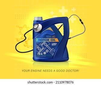 Motor oil for a car in a blue canister. Car service and maintenance concept. Motor oil advertisement. Engine oil change. Yellow background. Your engine needs a good doctor! 