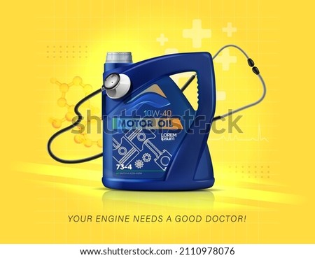 Motor oil for a car in a blue canister. Car service and maintenance concept. Motor oil advertisement. Engine oil change. Yellow background. Your engine needs a good doctor! 