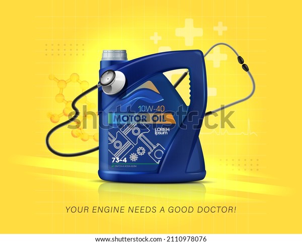 Motor oil\
for a car in a blue canister. Car service and maintenance concept.\
Motor oil advertisement. Engine oil change. Yellow background. Your\
engine needs a good doctor!\
