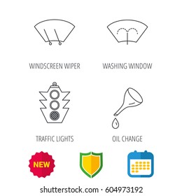Motor oil change, traffic lights and wiper icons. Washing window, windscreen wiper linear signs. Shield protection, calendar and new tag web icons. Vector