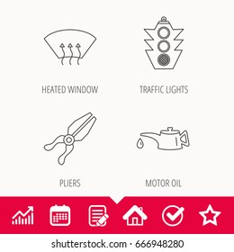 Motor oil change, traffic lights and pliers icons. Heated window linear sign. Edit document, Calendar and Graph chart signs. Star, Check and House web icons. Vector