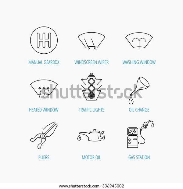Motor oil change,
traffic lights and pliers icons. Gas station, heated window and
manual gearbox linear signs. Washing window icons. Linear set icons
on white background.