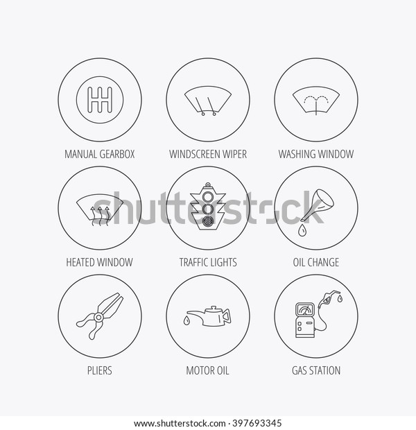 Motor oil change,\
traffic lights and pliers icons. Gas station, heated window and\
manual gearbox linear signs. Washing window icons. Linear colored\
in circle edge icons.