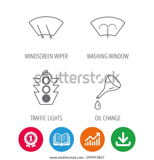 Motor oil change,\
traffic lights and wiper icons. Washing window, windscreen wiper\
linear signs. Award medal, growth chart and opened book web icons.\
Download arrow. Vector